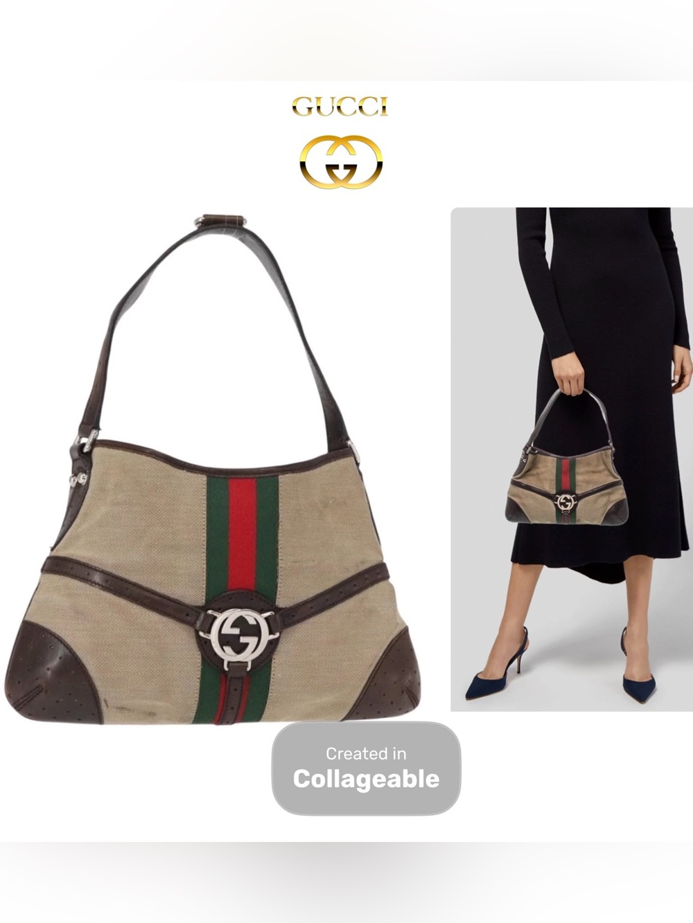 👜 GUCCI Sherry Beige Canvas Leather Green Red Shoulder Bag Brown Authentic